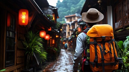 Adventurer Exploring a Scenic Asian Village
