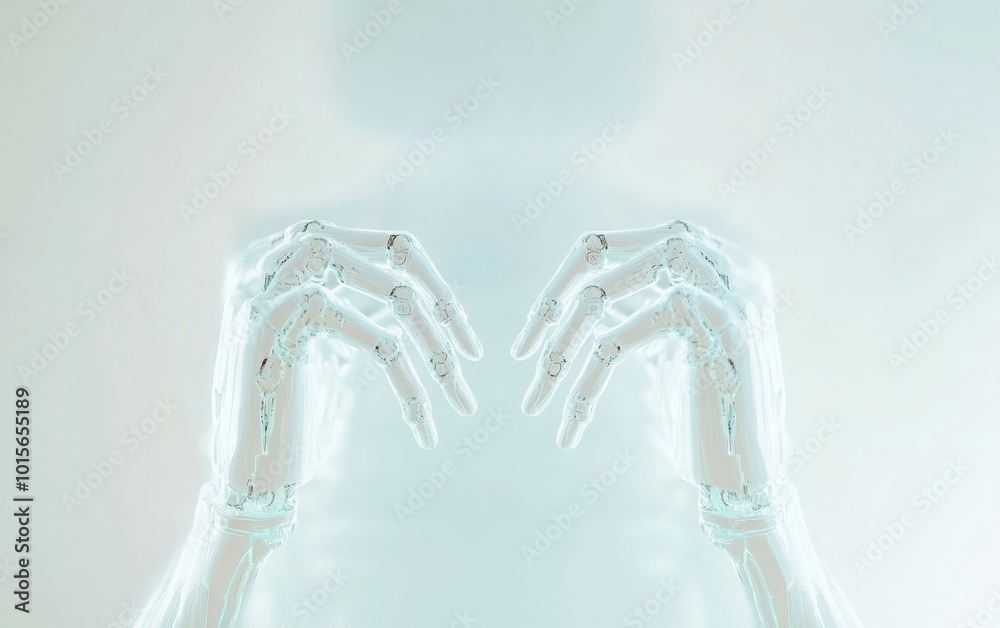 Poster abstract symmetrical robotic arms in pastel tones with cream background