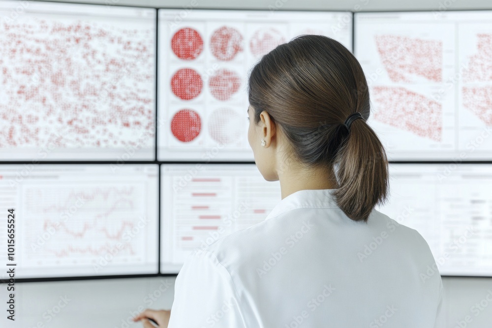 Poster female professional analyzing data on multiple screens in high-tech office during daylight, showcasi