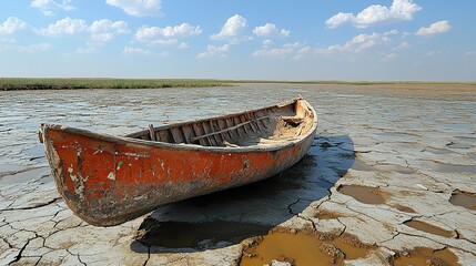 An abandoned traditional Mashoof canoe lies on the cracked earth in southern Iraq, a stark reminder of the harsh summer drought in the marshlands.
