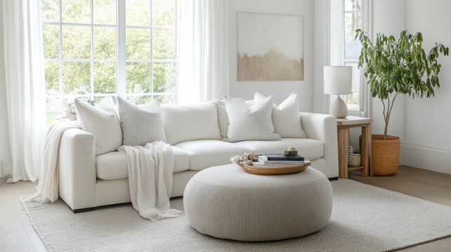 A white sectional sofa with white pillows and a white throw blanket is in a living room. The sofa sits on a white rug with a light gray ottoman in front