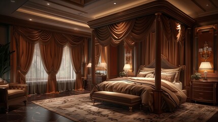 A posh bedroom including a four-poster bed, velvet curtains, and gentle ambient lighting