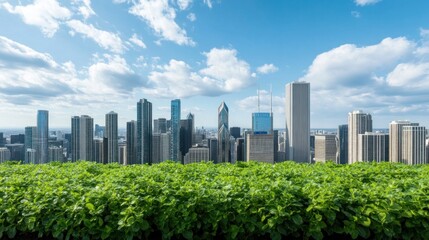 Stunning Urban Skyline Overlooking Lush Green Rooftop Garden Amidst Blue Skies
