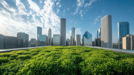 Fototapeta premium Urban Green Roof with Stunning Skyline View A Fusion of Nature and Architecture