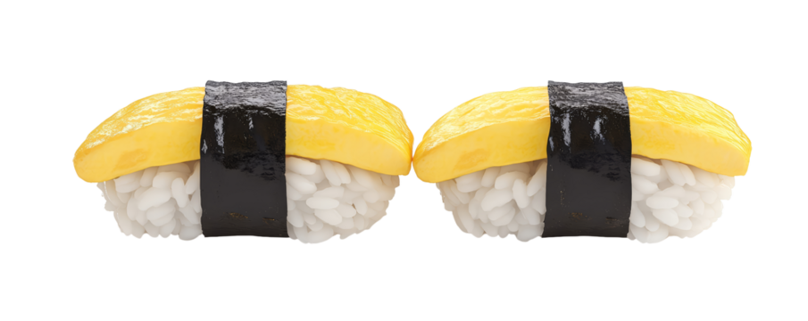 Close-up of two tamago sushi pieces with egg and rice wrapped in seaweed on a white background, showcasing Japanese cuisine. - Powered by Adobe