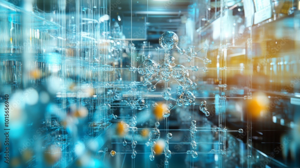 Aufkleber A high-tech laboratory filled with intricate molecular structures floating in a transparent space, showcasing advanced scientific research and innovation in molecular biology and biochemistry.