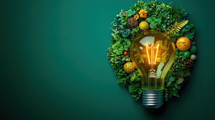 An abstract lightbulb made of environmental icons symbolizes the merging of business innovation, ecology, and sustainability.