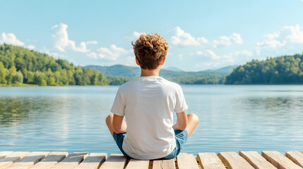 Fototapeta premium On a calm Sunday afternoon, a peaceful retreat by the lake provides a space for quiet reflection and outdoor relaxation. The boy enjoys solitude and the gentle beauty of nature calm surroundings.