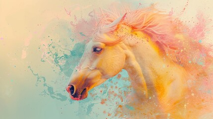 A pastel-colored portrait of a horse with splattered paint effects, evoking a sense of creativity and dreaminess. This digital artwork is ideal for projects requiring soft yet vibrant visuals.