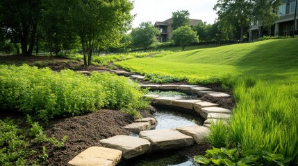 Fototapeta premium Serene Landscapes Tranquil Stream with Natural Stone Pathway and Lush Greenery