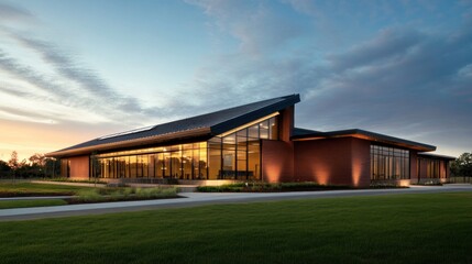Fototapeta premium Modern Architectural Marvel Sustainable Design Meets Natural Beauty at Dusk
