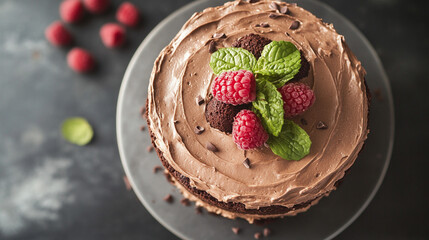 Delicious Chocolate Cake with Fresh Raspberries and Mint Leaves. A delectable chocolate cake topped with fresh raspberries and mint leaves, ideal for celebrations or dessert inspiration food blogs