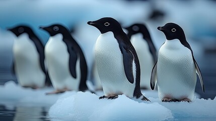 Obraz premium An Adelie penguin colony lives atop a floating iceberg, a symbol of resilience in the face of environmental challenges.