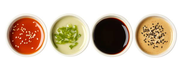 Assorted sauces in white bowls, featuring soy, spicy, and creamy textures. Perfect for dipping, adding flavor and variety to any meal.