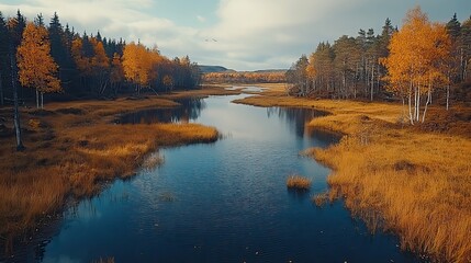 Fototapeta premium An aerial shot of a bog landscape reveals natural elements interspersed with peat extraction sites.