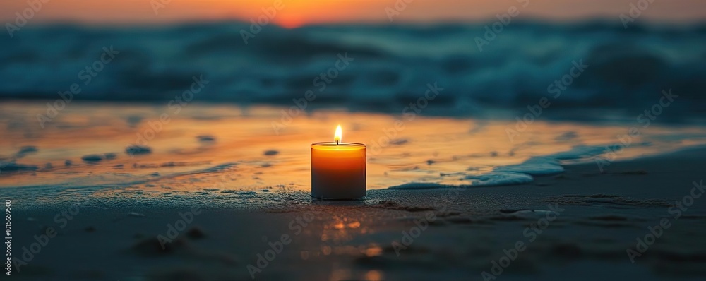 Aufkleber a serene candle glowing at twilight on a tranquil beach, creating a peaceful atmosphere with waves g