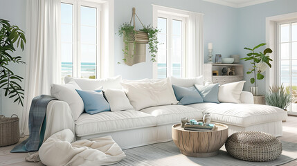 Bright coastal living room featuring a white slipcovered sofa and ocean-inspired decor. interior design concept 