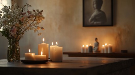 A rustic table with candles, flowers, and a picture in the background.