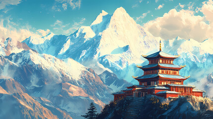 Mountain peak of the tibetan snow-capped mountains. Tibetan Monastery. Illustration