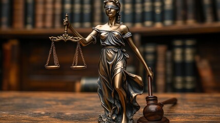 Concept of judge statue and gavel on court wooden table and dark background