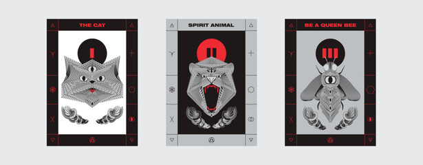 Collection of bold, modern psychedelic posters featuring abstract spirit animals. Digital illustrations of a cat, bear, and queen bee with intricate geometric designs and symmetrical patterns.