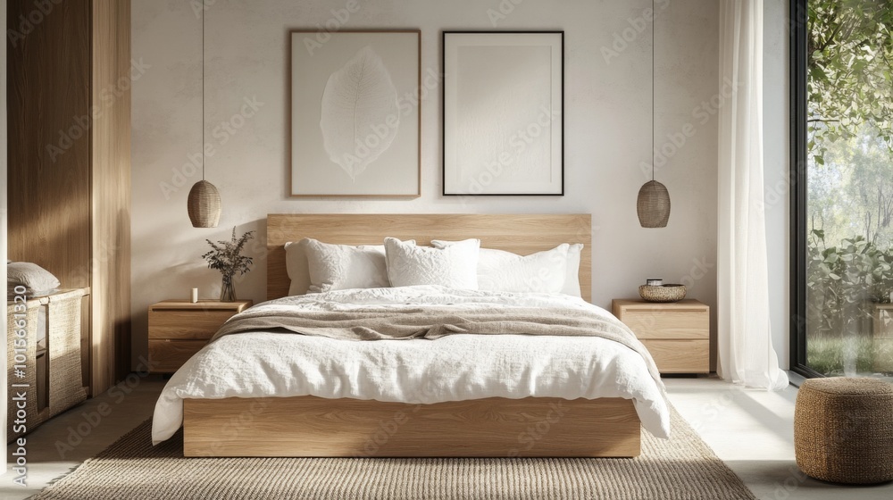 Fototapete the spacious bedroom features a wooden bed frame adorned with plush pillows and blankets, illuminate