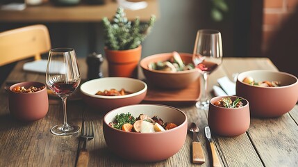 A beautiful spread of gourmet dishes in earthy bowls with wine on a wooden table.