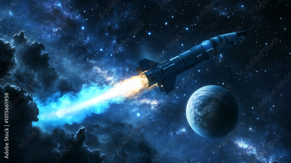 Poster a sleek rocket ascends powerfully through the dark expanse of space, surrounded by a stunning displa