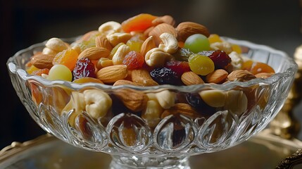 63. A bowl of mixed nuts and dried fruits