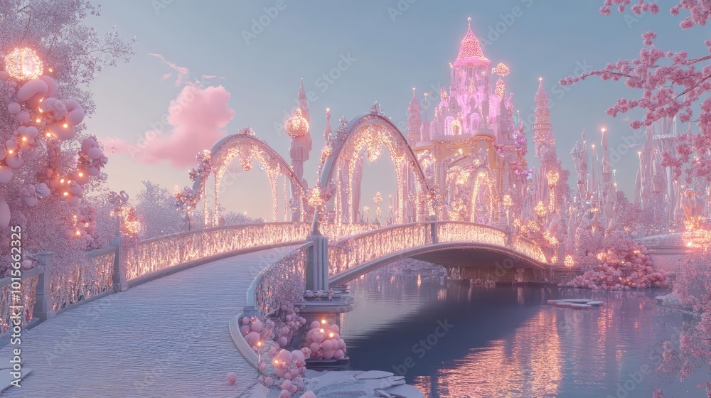 Poster a serene fantasy landscape featuring a magical bridge adorned with glowing lights, surrounded by whi