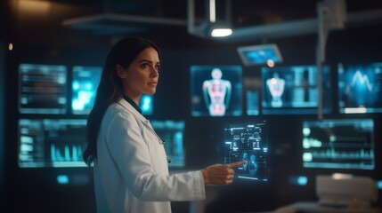 A female doctor stands in a dimly lit room, focused on analyzing floating holographic medical data and a human body display. She is engaged with real-time health data