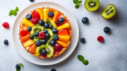 82. A colorful fruit tart on a white plate