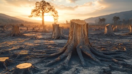 An eerie image of countless tree stumps scattered across a barren landscape, symbolizing the destructive impact of deforestation.