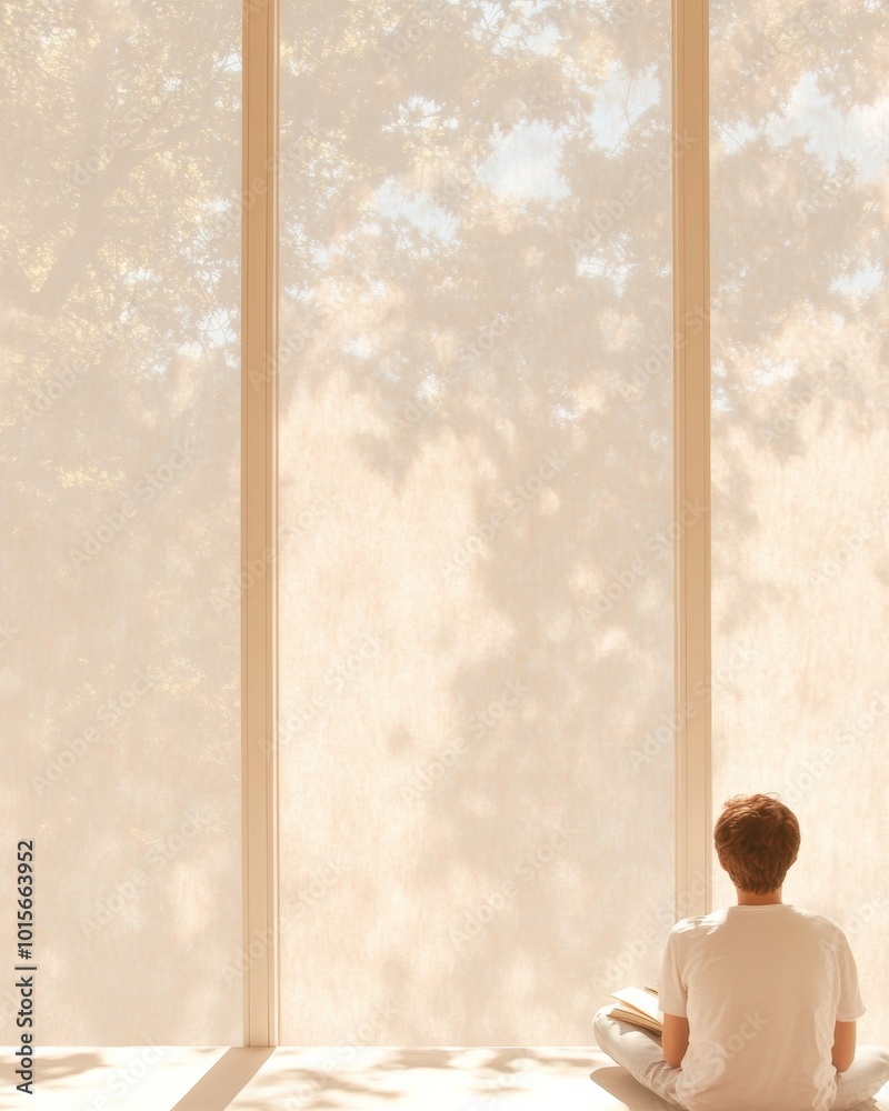 Poster Minimalistic Artistic Image of a Student Reading in Sunlit Library
