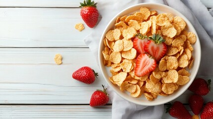 A bowl of cereal with strawberries on top. There are also strawberries scattered around the bowl on a white wooden table.