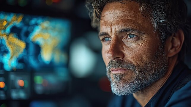 An environmental scientist reviews interactive maps tracking climate change trends, showcasing long-term temperature and carbon data.