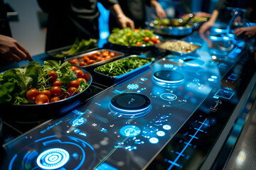 Naklejka premium Futuristic smart appliances stove glowing blue flame with holographic display and food on counter in restaurant. Chef prepare food for dinner. 