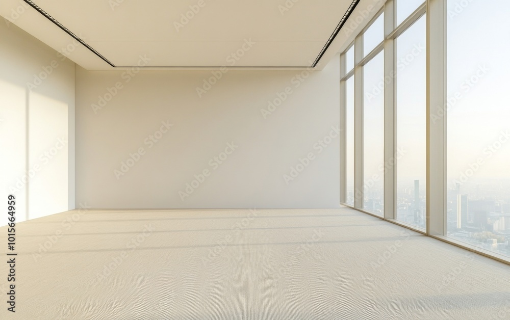 Poster empty modern office space at sunset with floor-to-ceiling windows and city skyline views