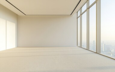 Fototapeta premium Empty Modern Office Space at Sunset with Floor-to-Ceiling Windows and City Skyline Views