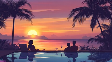 A luxurious beach holiday scene for couples, featuring a banner background with ample copy space. A man and woman are seen relaxing near a stunning swimming pool at sunset, surrounded by swaying palm 