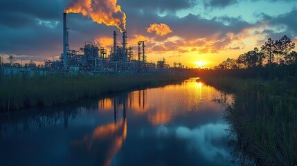 An industrial area hums with activity, emphasizing the need to balance economic development with environmental sustainability to reduce emissions.