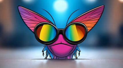 A cartoon butterfly with a pink head and rainbow wings wearing oversized sunglasses.