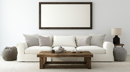 Cozy living room featuring a white sofa, decorative pillows, wooden table, and neutral decor for a welcoming atmosphere.