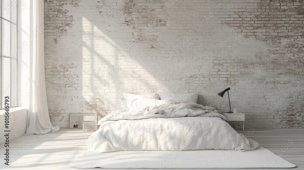Aufkleber a bright and inviting bedroom features soft white bedding, a simple bedside table, and a stylish lam