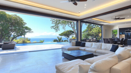 Fototapeta premium Spacious living room with large windows overlooking a pool and ocean view.