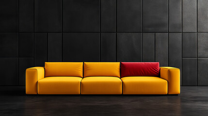 A bright yellow sofa with a red cushion in front of a black wall.