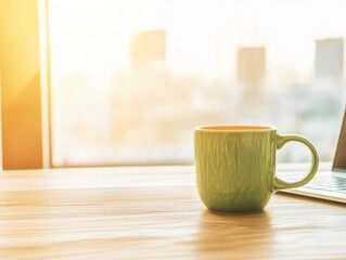 Fototapeta premium Morning Coffee in a Sunlit Modern Office with Cityscape View