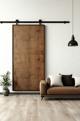 Modern living room featuring a sliding barn door, cozy sofa, and stylish decor for inviting and contemporary interior design.