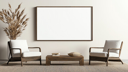 Modern living room interior featuring cozy chairs, a wooden table, and a blank canvas for decorative art.