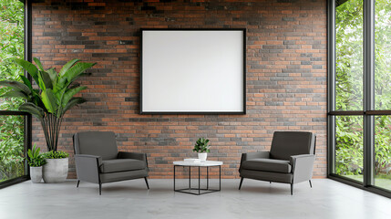 Modern living room interior featuring two chairs, a coffee table, and a blank frame on a rustic brick wall.